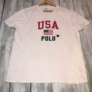 Polo Ralph Lauren Shirt Mens XL White Red Blue Navy USA Flag Patch Short Sleeve